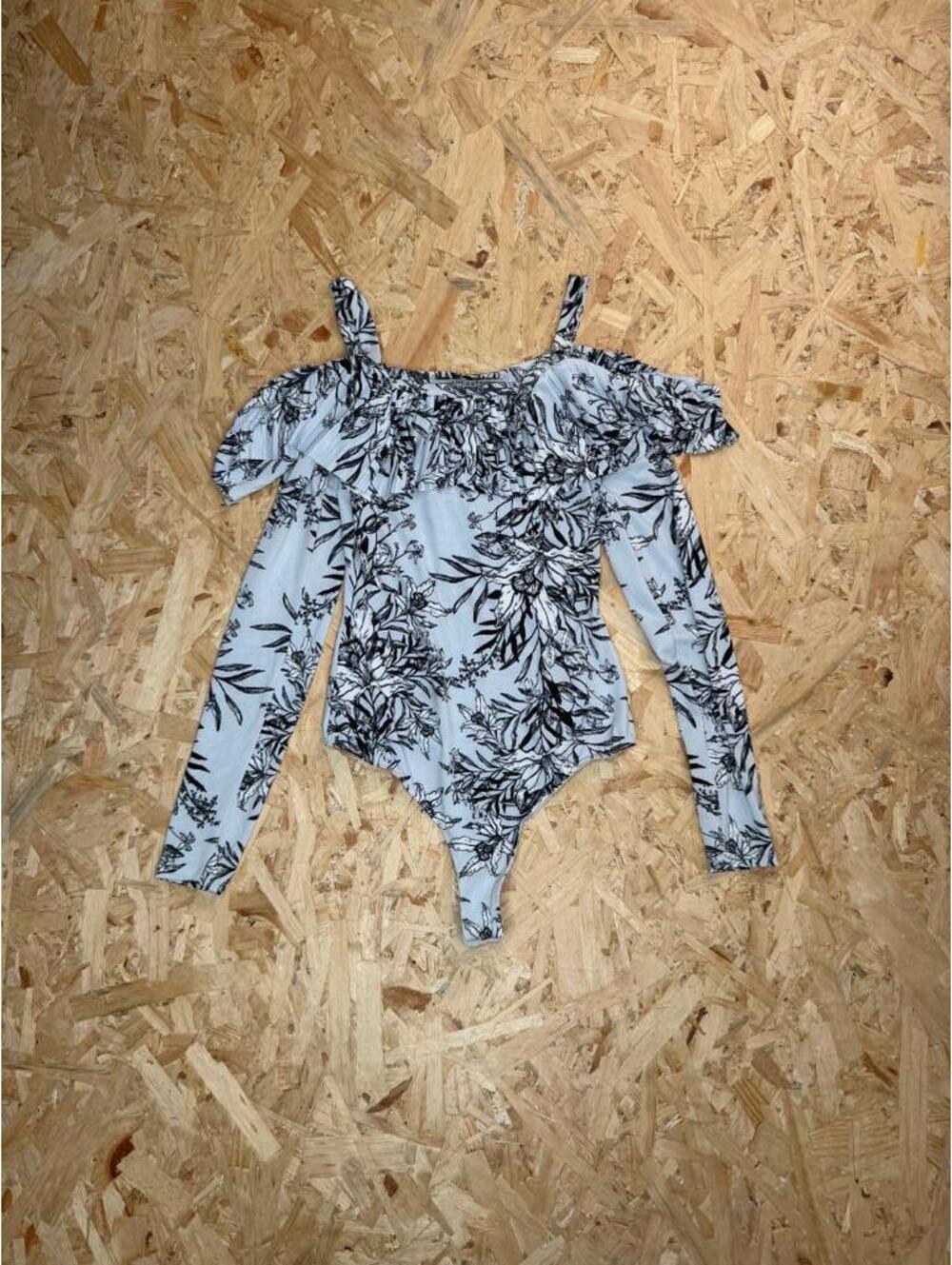 Guess Womens Cold Shoulder Bodysuit XS Blue Black Floral Ruffle Long Sleeve